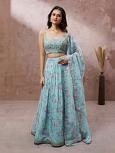 Load image into Gallery viewer, Turquoise Blue Organza Floral Printed Semi-Stitched Lehenga choli &amp; Dupatta Clothsvilla