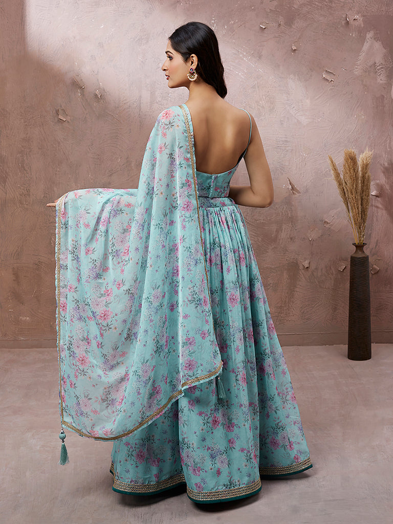 Turquoise Blue Organza Floral Printed Semi-Stitched Lehenga choli & Dupatta Clothsvilla