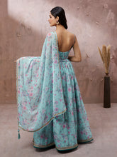 Load image into Gallery viewer, Turquoise Blue Organza Floral Printed Semi-Stitched Lehenga choli &amp; Dupatta Clothsvilla