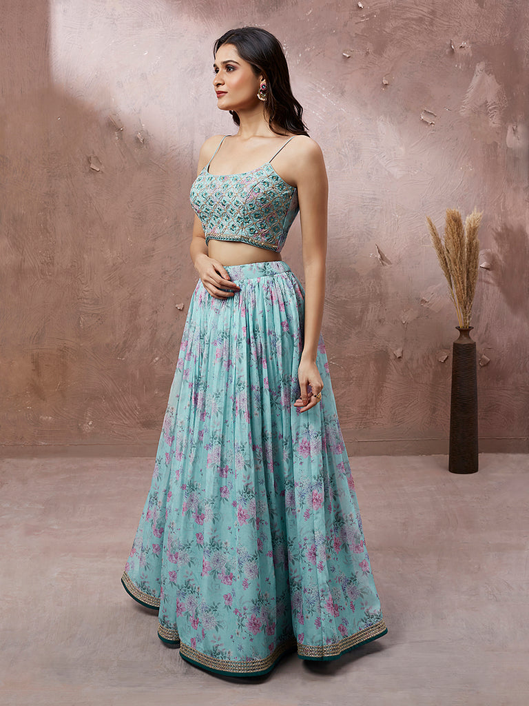 Turquoise Blue Organza Floral Printed Semi-Stitched Lehenga choli & Dupatta Clothsvilla