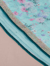 Load image into Gallery viewer, Turquoise Blue Organza Floral Printed Semi-Stitched Lehenga choli &amp; Dupatta Clothsvilla