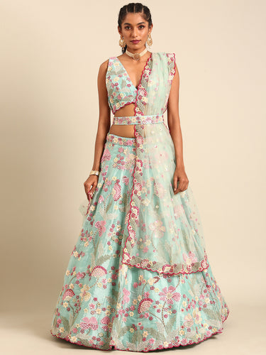 Turquoise Blue Organza Sequins and Zarkan embroidery Semi-Stitched Lehenga choli & Dupatta ClothsVilla