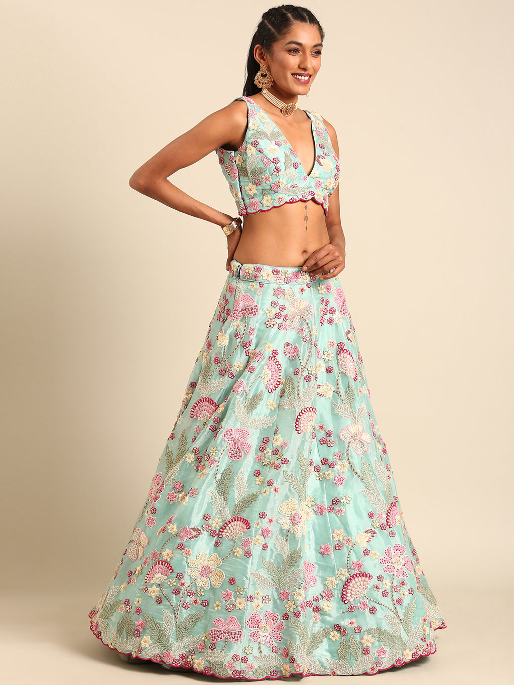 Turquoise Blue Organza Sequins and Zarkan embroidery Semi-Stitched Lehenga choli & Dupatta ClothsVilla