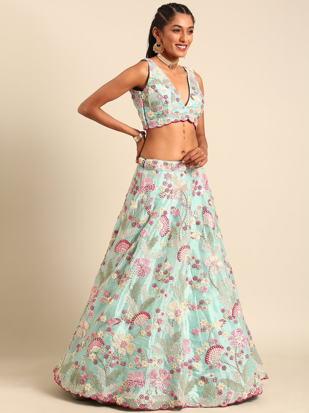 Turquoise Blue Organza Sequins and Zarkan embroidery Semi-Stitched Lehenga choli & Dupatta ClothsVilla