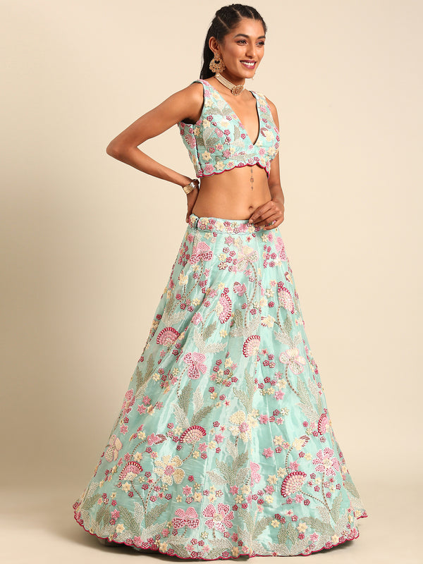 Turquoise Blue Organza Sequins and Zarkan embroidery Semi-Stitched Lehenga choli & Dupatta ClothsVilla