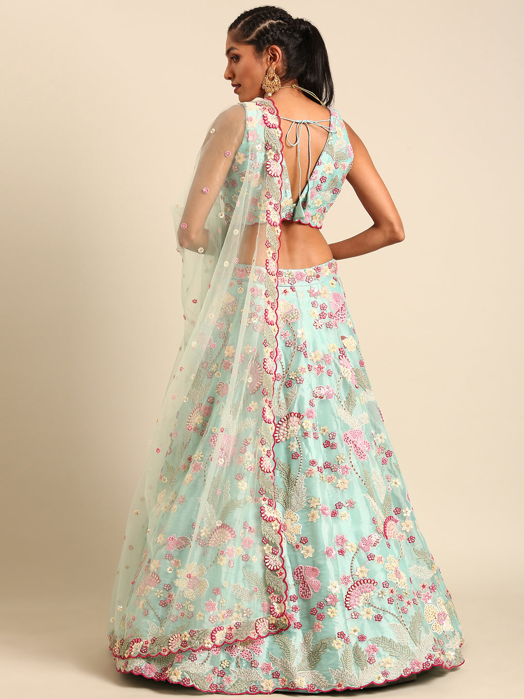 Turquoise Blue Organza Sequins and Zarkan embroidery Semi-Stitched Lehenga choli & Dupatta ClothsVilla