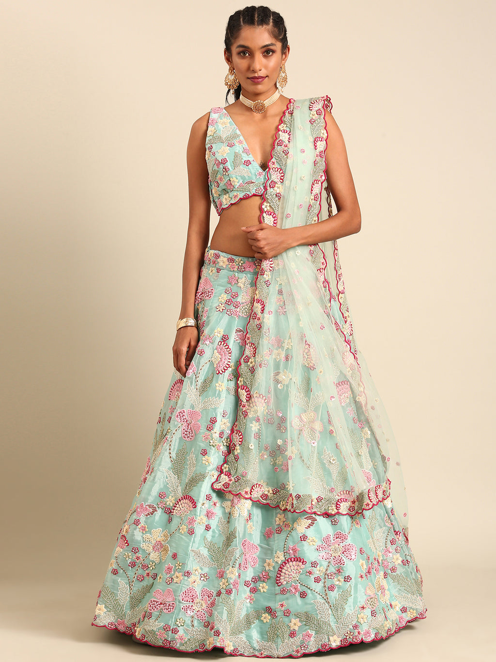 Turquoise Blue Organza Sequins and Zarkan embroidery Semi-Stitched Lehenga choli & Dupatta ClothsVilla