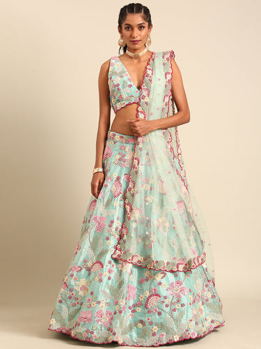Turquoise Blue Organza Sequins and Zarkan embroidery Semi-Stitched Lehenga choli & Dupatta ClothsVilla