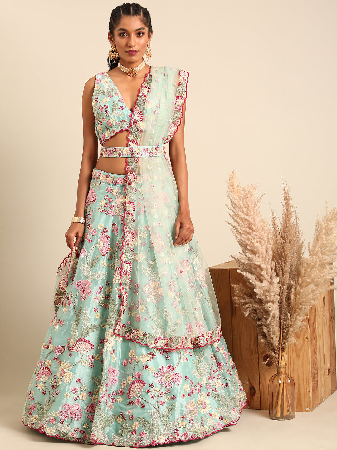 Turquoise Blue Organza Sequins and Zarkan embroidery Semi-Stitched Lehenga choli & Dupatta ClothsVilla