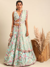 Load image into Gallery viewer, Turquoise Blue Organza Sequins and Zarkan embroidery Semi-Stitched Lehenga choli &amp; Dupatta ClothsVilla