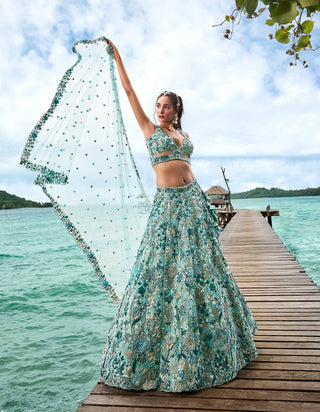 Turquoise blue Organza Sequins, Moti and thread embroidery Semi-Stitched Lehenga choli & Dupatta Clothsvilla