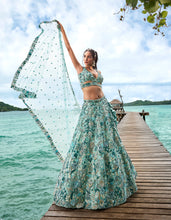 Load image into Gallery viewer, Turquoise blue Organza Sequins, Moti and thread embroidery Semi-Stitched Lehenga choli &amp; Dupatta Clothsvilla