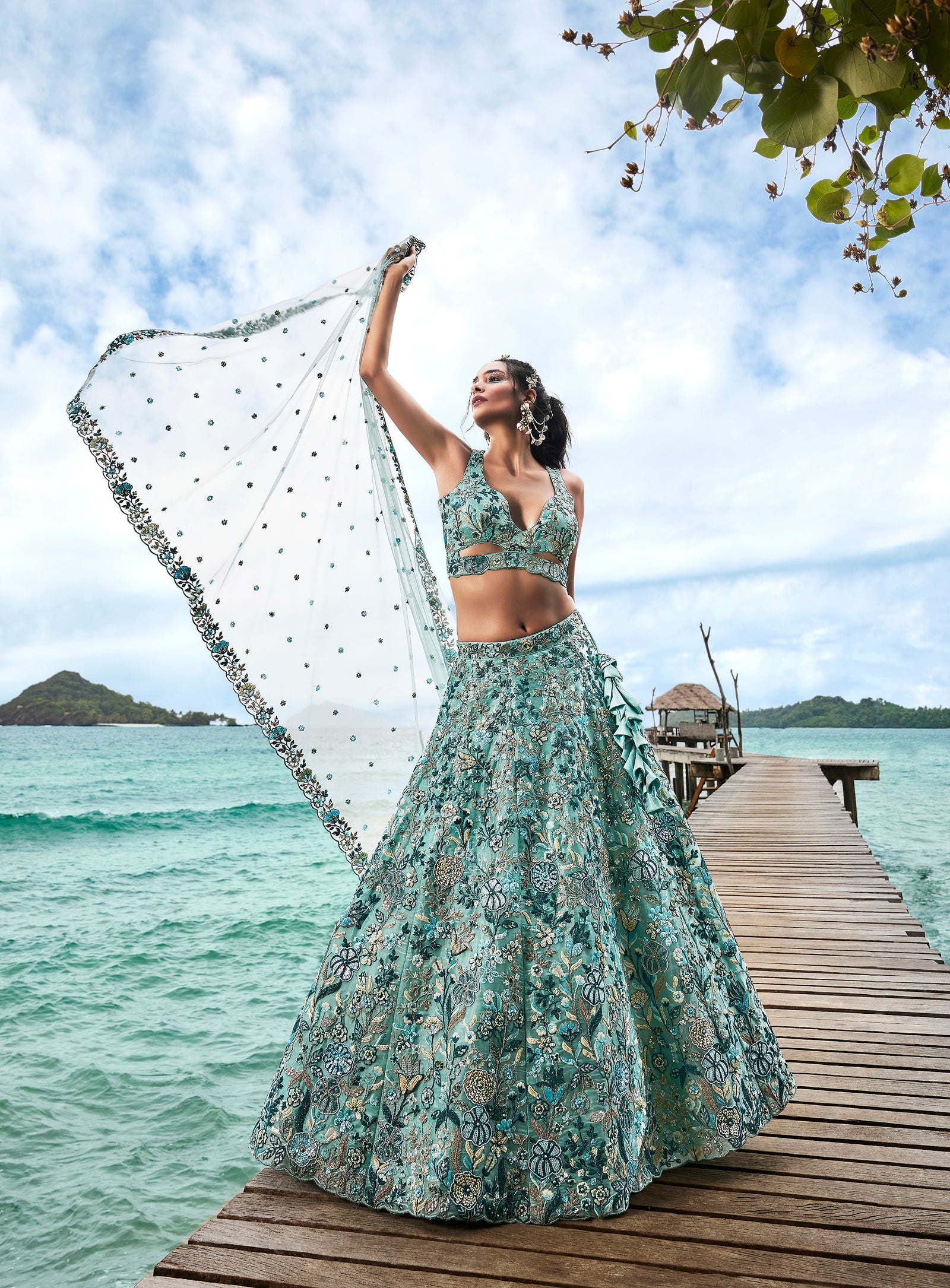 Turquoise blue Organza Sequins, Moti and thread embroidery Semi-Stitched Lehenga choli & Dupatta Clothsvilla