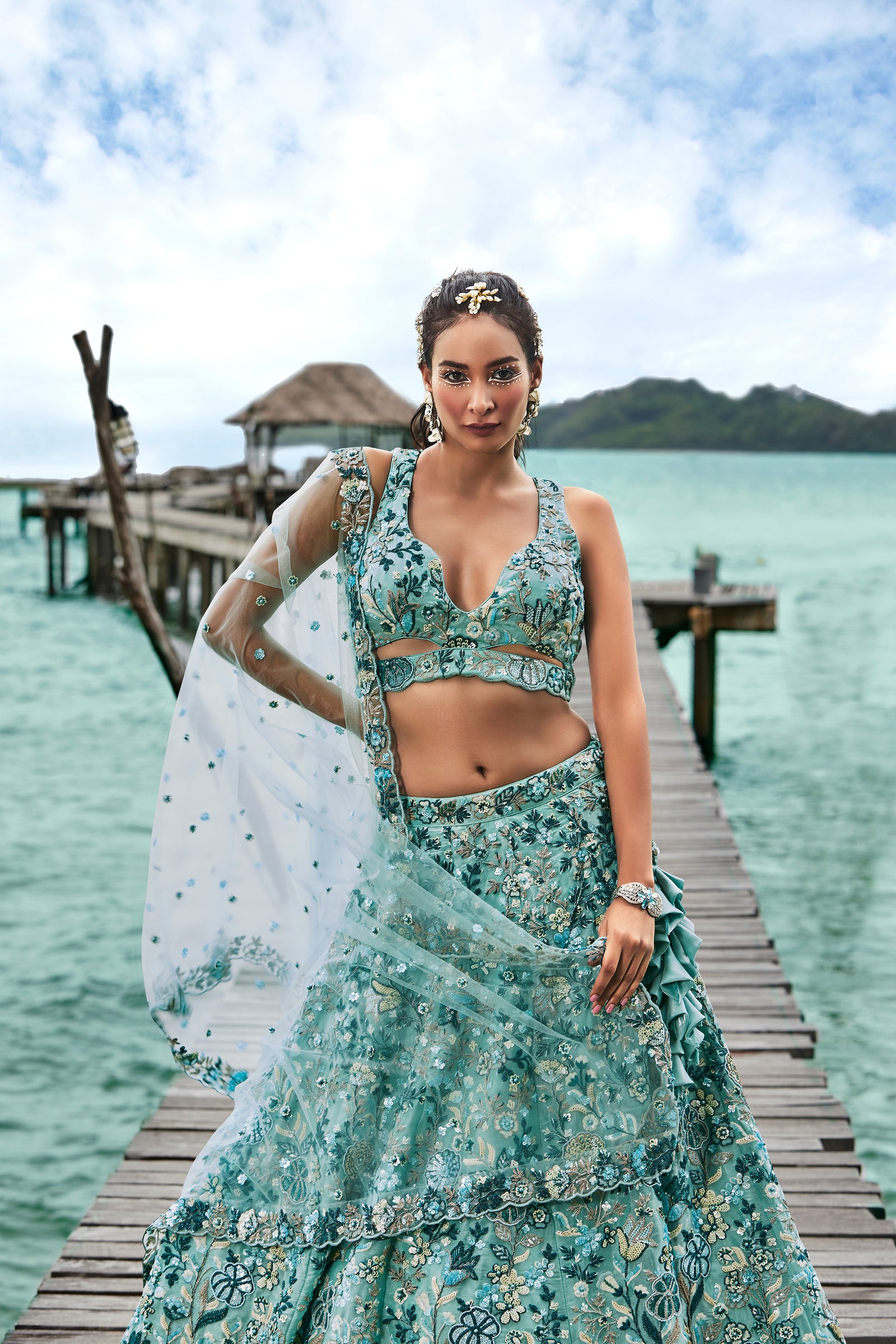 Turquoise blue Organza Sequins, Moti and thread embroidery Semi-Stitched Lehenga choli & Dupatta Clothsvilla