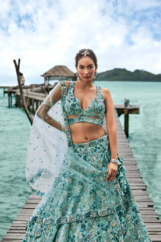 Turquoise blue Organza Sequins, Moti and thread embroidery Semi-Stitched Lehenga choli & Dupatta Clothsvilla