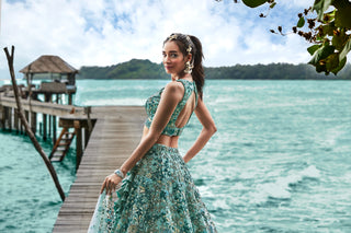 Turquoise blue Organza Sequins, Moti and thread embroidery Semi-Stitched Lehenga choli & Dupatta Clothsvilla