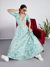 Load image into Gallery viewer, Turquoise blue Organza Sequins, Zarkan and thread embroidery Semi-Stitched Lehenga choli &amp; Dupatta ClothsVilla