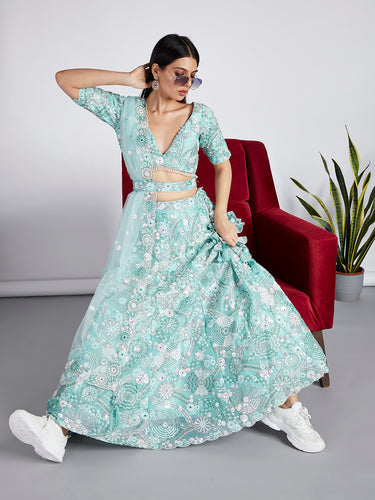 Turquoise blue Organza Sequins, Zarkan and thread embroidery Semi-Stitched Lehenga choli & Dupatta ClothsVilla