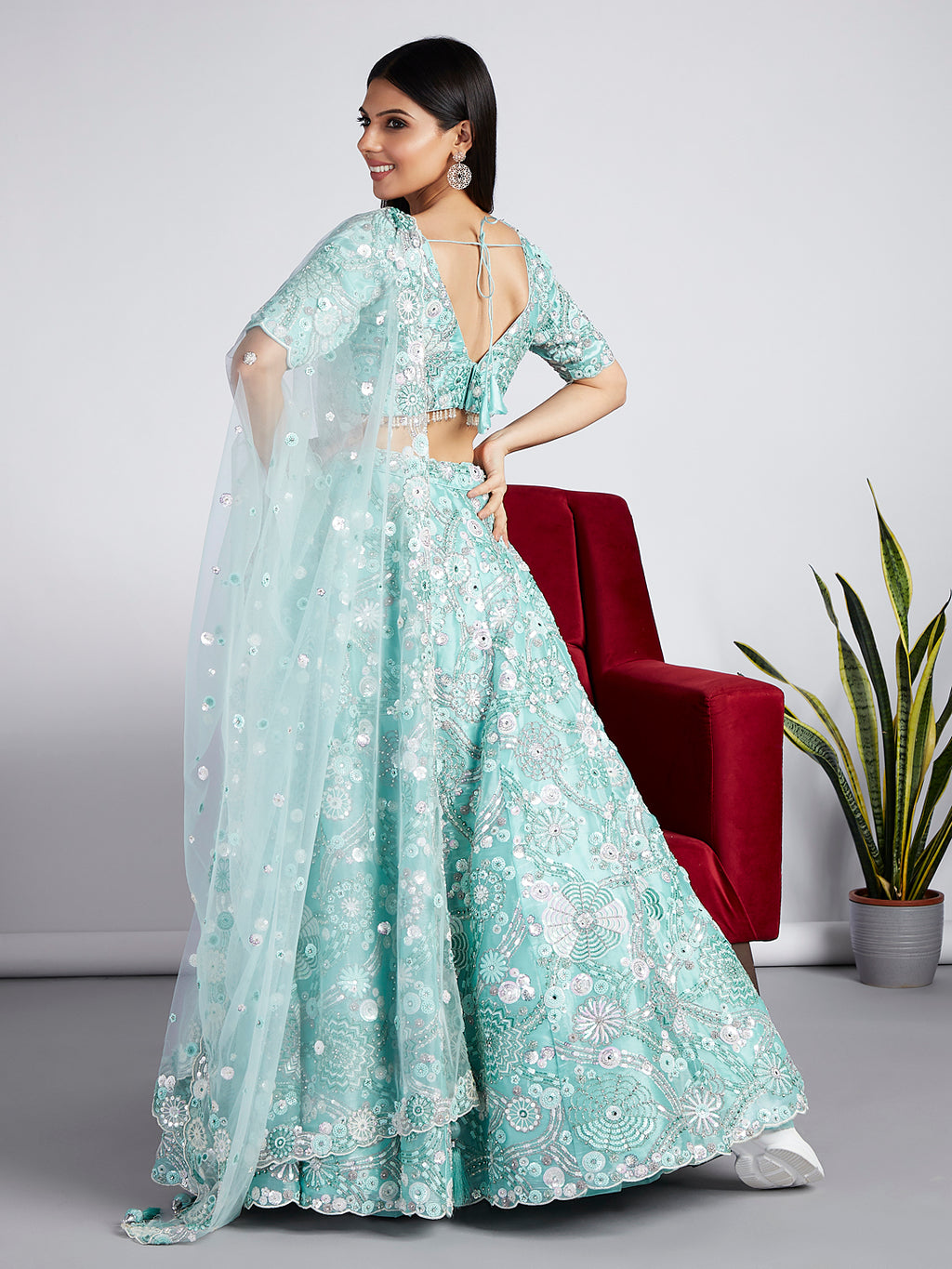 Turquoise blue Organza Sequins, Zarkan and thread embroidery Semi-Stitched Lehenga choli & Dupatta ClothsVilla