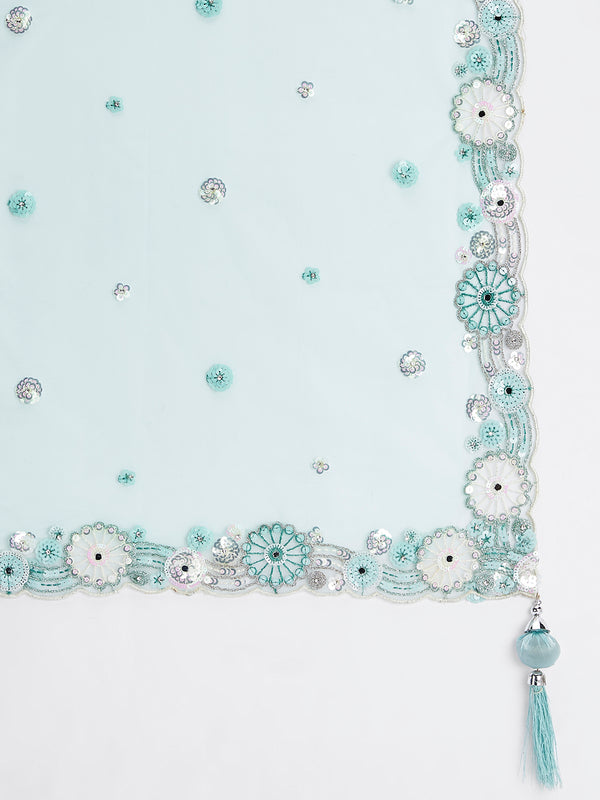 Turquoise blue Organza Sequins, Zarkan and thread embroidery Semi-Stitched Lehenga choli & Dupatta ClothsVilla