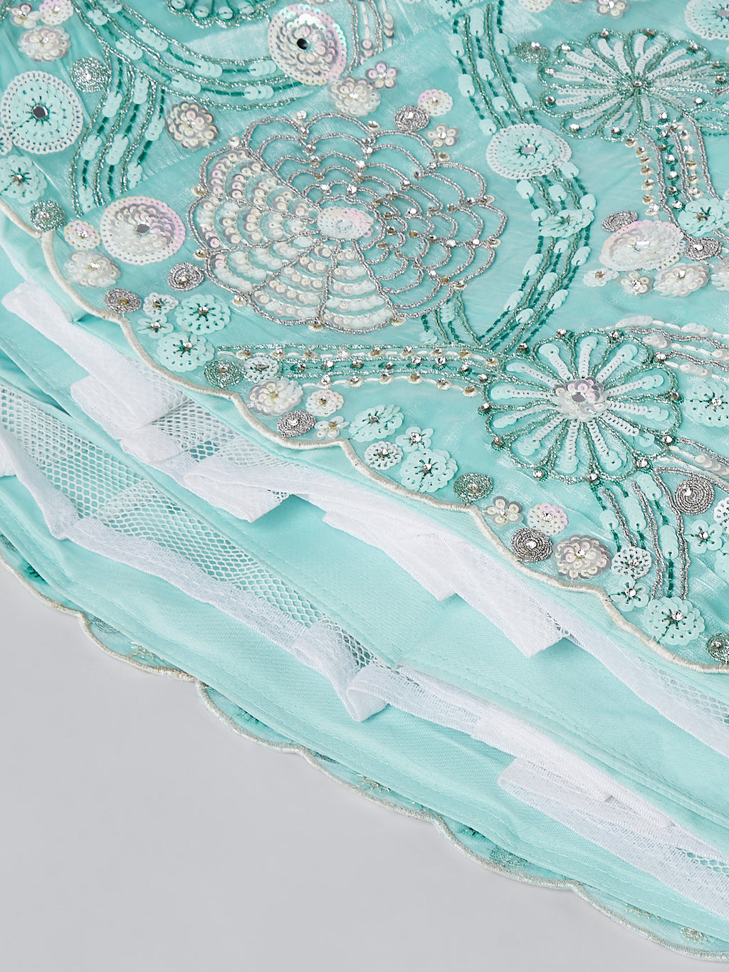 Turquoise blue Organza Sequins, Zarkan and thread embroidery Semi-Stitched Lehenga choli & Dupatta ClothsVilla