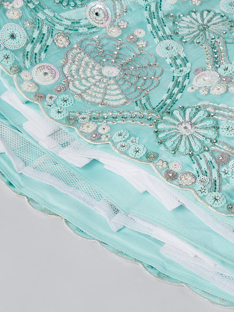 Turquoise blue Organza Sequins, Zarkan and thread embroidery Semi-Stitched Lehenga choli & Dupatta ClothsVilla