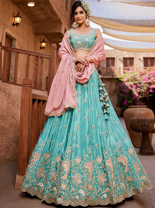 Turquoise Blue Satin Silk Sequins embroidery Semi-Stitched Lehenga choli & Dupatta Clothsvilla