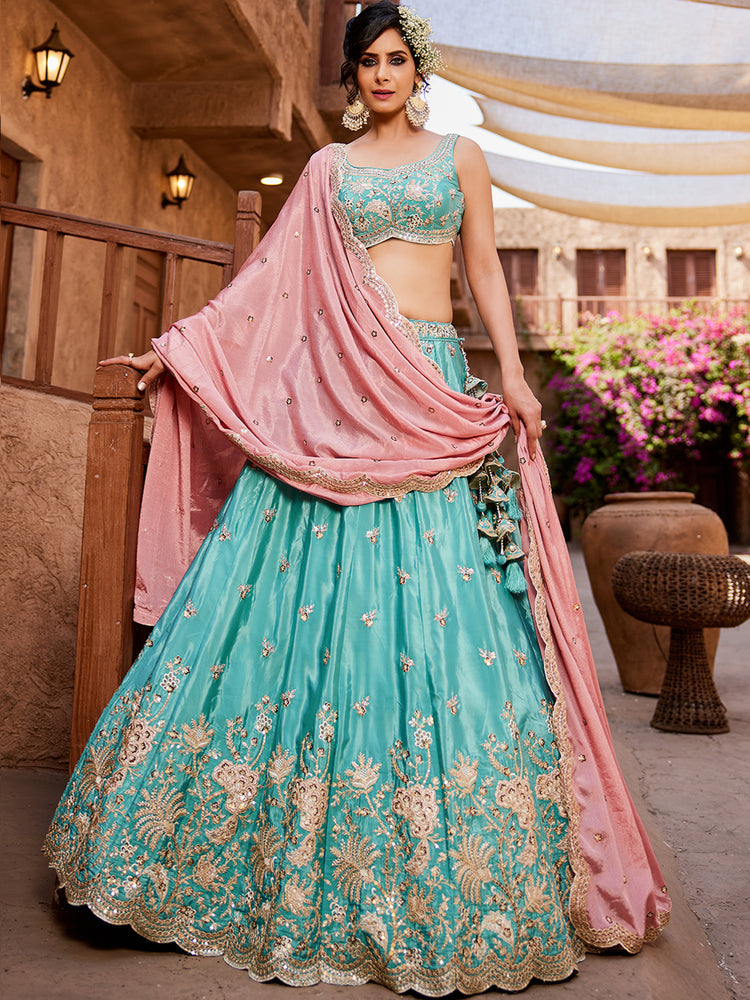 Turquoise Blue Satin Silk Sequins embroidery Semi-Stitched Lehenga choli & Dupatta Clothsvilla