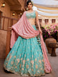 Load image into Gallery viewer, Turquoise Blue Satin Silk Sequins embroidery Semi-Stitched Lehenga choli &amp; Dupatta Clothsvilla