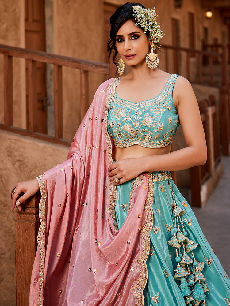 Turquoise Blue Satin Silk Sequins embroidery Semi-Stitched Lehenga choli & Dupatta Clothsvilla