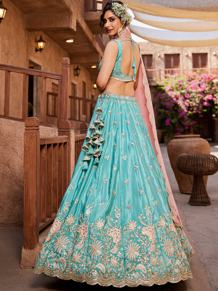 Turquoise Blue Satin Silk Sequins embroidery Semi-Stitched Lehenga choli & Dupatta Clothsvilla