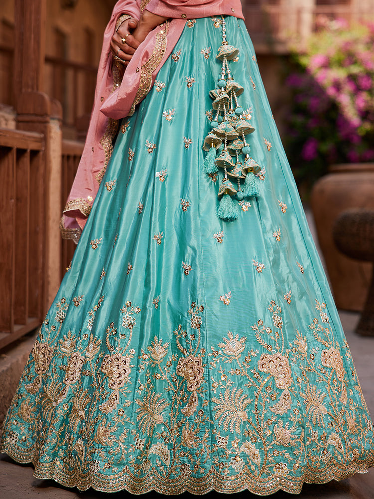 Turquoise Blue Satin Silk Sequins embroidery Semi-Stitched Lehenga choli & Dupatta Clothsvilla