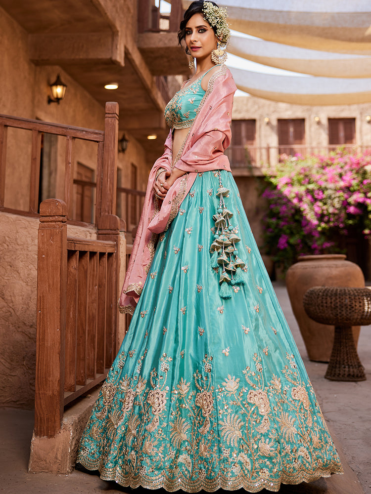 Turquoise Blue Satin Silk Sequins embroidery Semi-Stitched Lehenga choli & Dupatta Clothsvilla