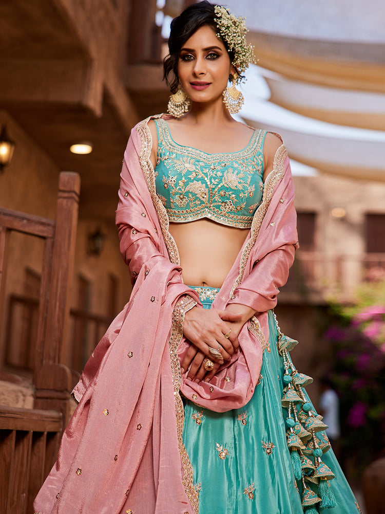 Turquoise Blue Satin Silk Sequins embroidery Semi-Stitched Lehenga choli & Dupatta Clothsvilla