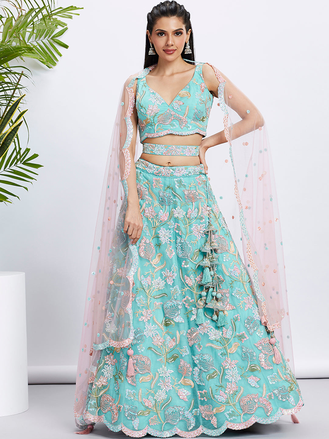 Turquoise Blue Sequin Embroidered Lehenga Choli Set ClothsVilla