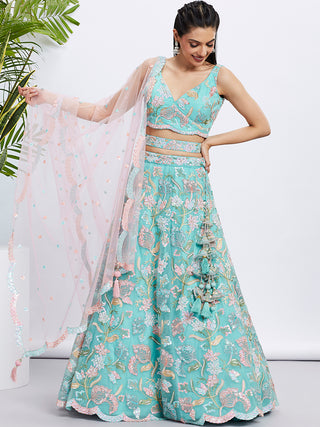 Turquoise Blue Sequin Embroidered Lehenga Choli Set ClothsVilla
