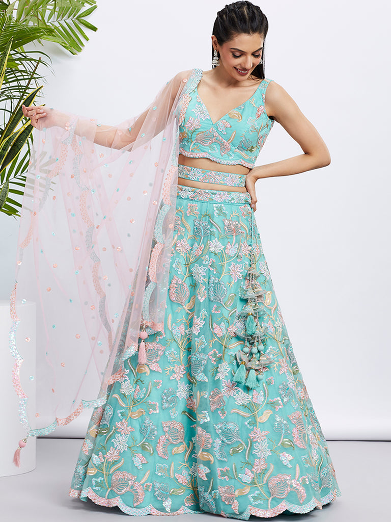 Turquoise Blue Sequin Embroidered Lehenga Choli Set ClothsVilla