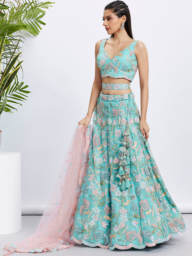 Turquoise Blue Sequin Embroidered Lehenga Choli Set ClothsVilla