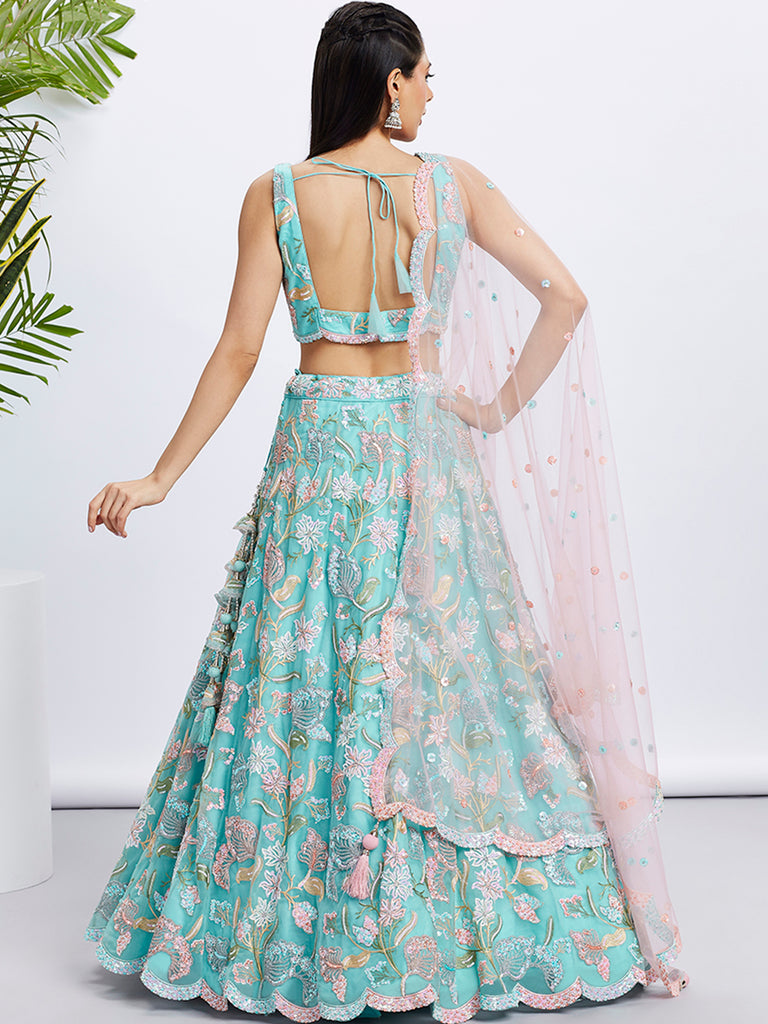 Turquoise Blue Sequin Embroidered Lehenga Choli Set ClothsVilla