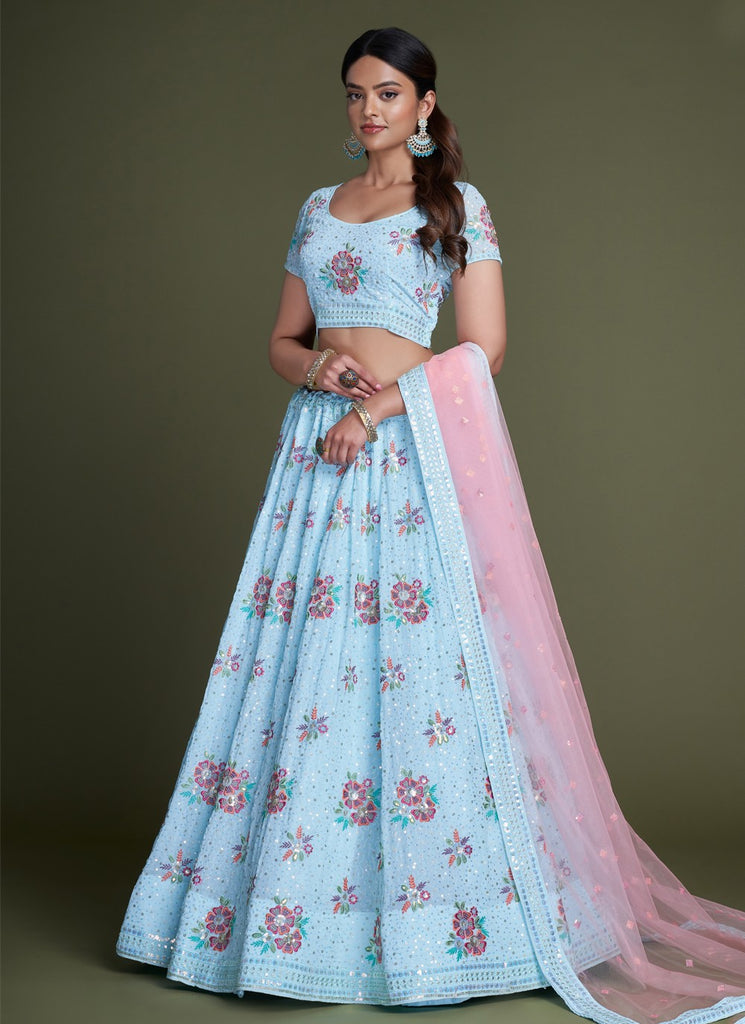 Turquoise Pakistani Georgette Lehenga Choli For Indian Festivals & Weddings - Sequence Embroidery Work, Thread Embroidery Work, Clothsvilla