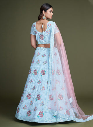 Turquoise Pakistani Georgette Lehenga Choli For Indian Festivals & Weddings - Sequence Embroidery Work, Thread Embroidery Work, Clothsvilla