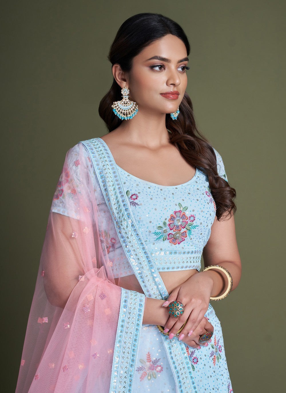 Turquoise Pakistani Georgette Lehenga Choli For Indian Festivals & Weddings - Sequence Embroidery Work, Thread Embroidery Work, Clothsvilla