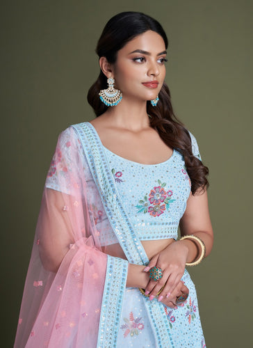 Turquoise Pakistani Georgette Lehenga Choli For Indian Festivals & Weddings - Sequence Embroidery Work, Thread Embroidery Work, Clothsvilla