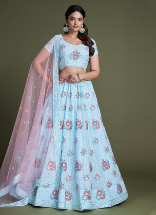 Turquoise Pakistani Georgette Lehenga Choli For Indian Festivals & Weddings - Sequence Embroidery Work, Thread Embroidery Work, Clothsvilla
