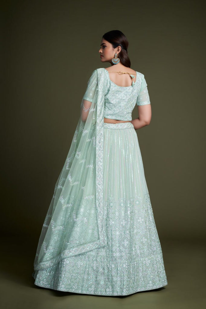 Turquoise Pakistani Georgette Lehenga Choli For Indian Festivals & Weddings - Sequence Embroidery Work, Thread Embroidery Work, Clothsvilla