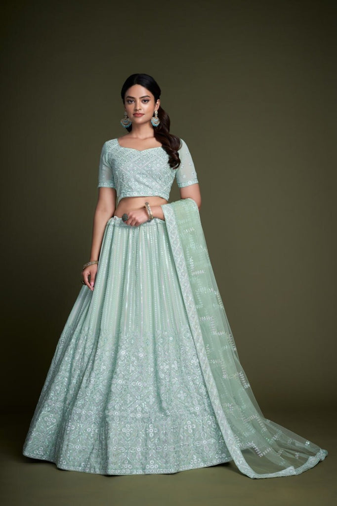 Turquoise Pakistani Georgette Lehenga Choli For Indian Festivals & Weddings - Sequence Embroidery Work, Thread Embroidery Work, Clothsvilla