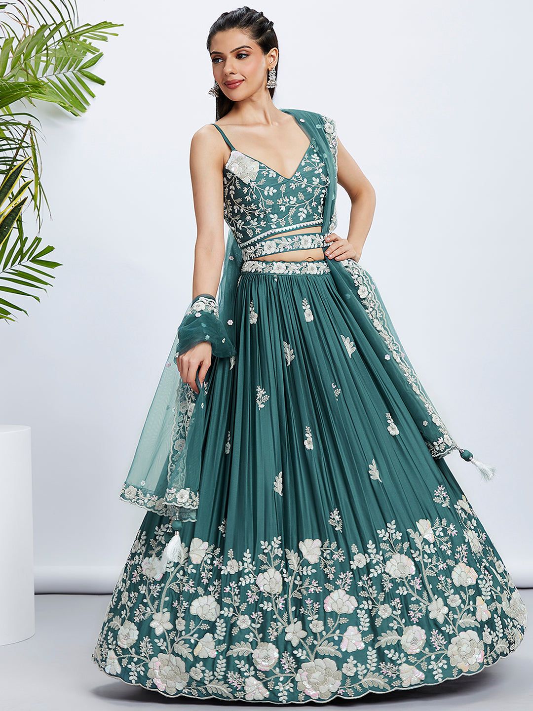 Turquoise Sequined and Embroidered Georgette Lehenga Choli Set ClothsVilla