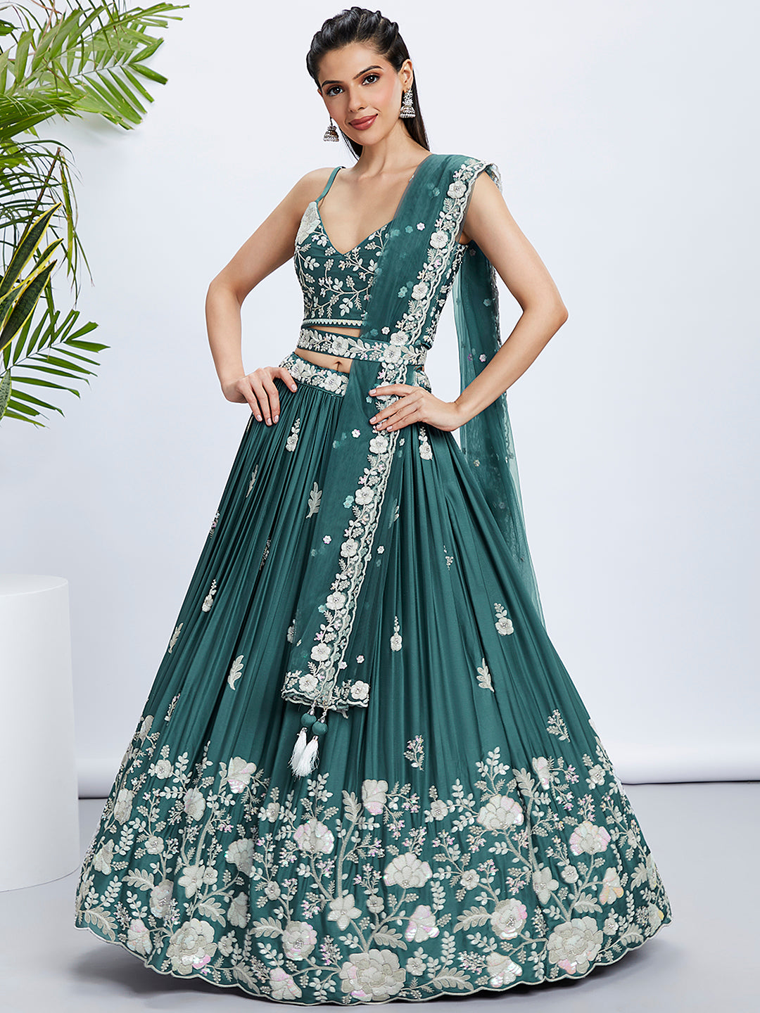 Turquoise Sequined and Embroidered Georgette Lehenga Choli Set ClothsVilla