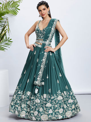 Turquoise Sequined and Embroidered Georgette Lehenga Choli Set ClothsVilla