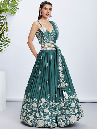 Turquoise Sequined and Embroidered Georgette Lehenga Choli Set ClothsVilla